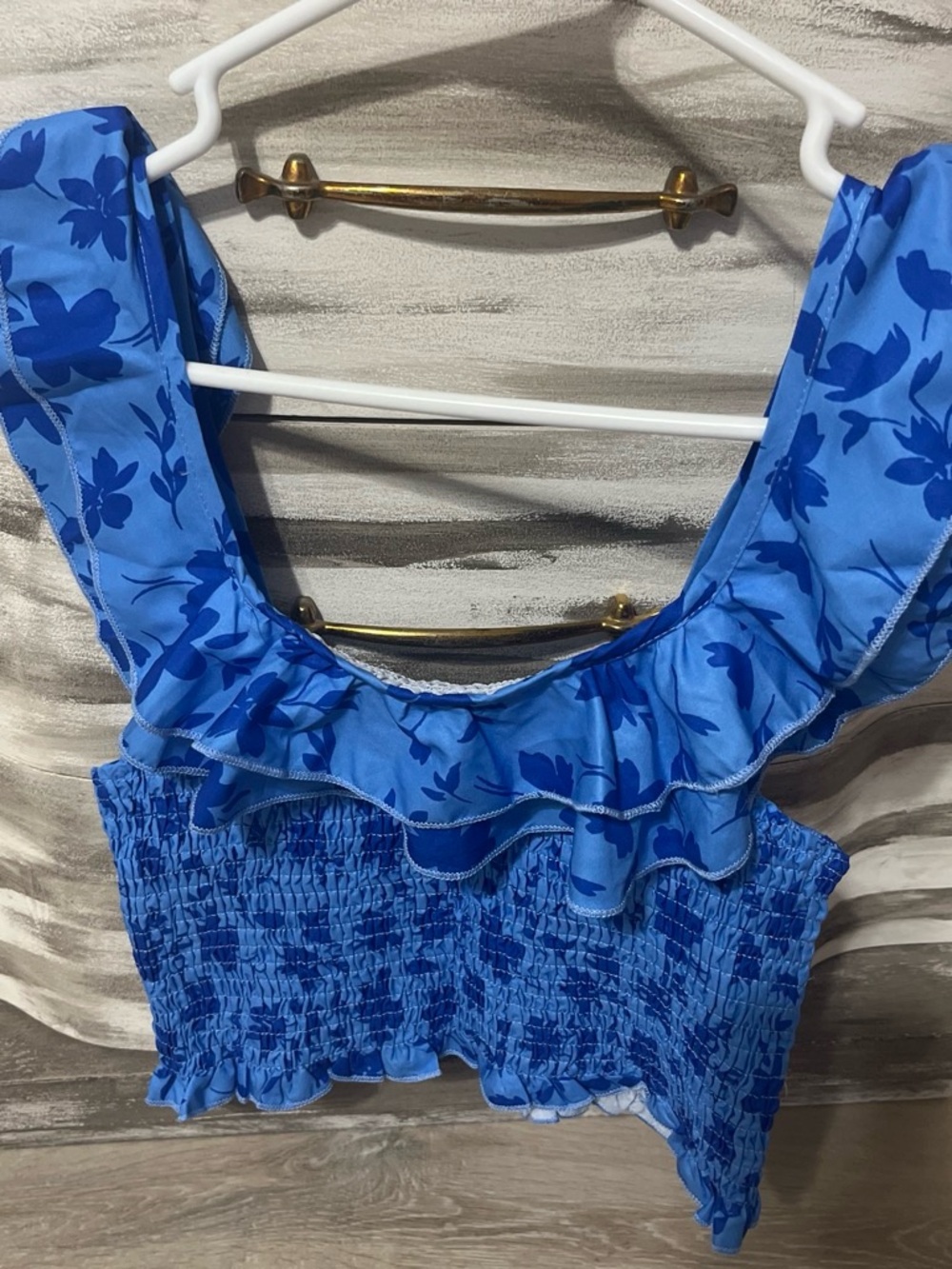 SHEIN Blue Floral Ruffle Smocked Crop Top with Wide Straps